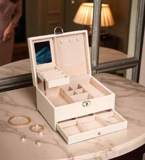 (1Pc) White Faux Leather Jewellery Mirror Hooks & Drawer Organizer Jewellery Organizer