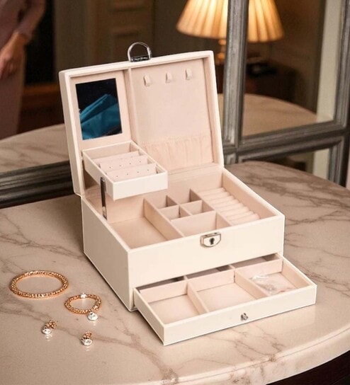 (1Pc) White Faux Leather Jewellery Mirror Hooks & Drawer Organizer Jewellery Organizer