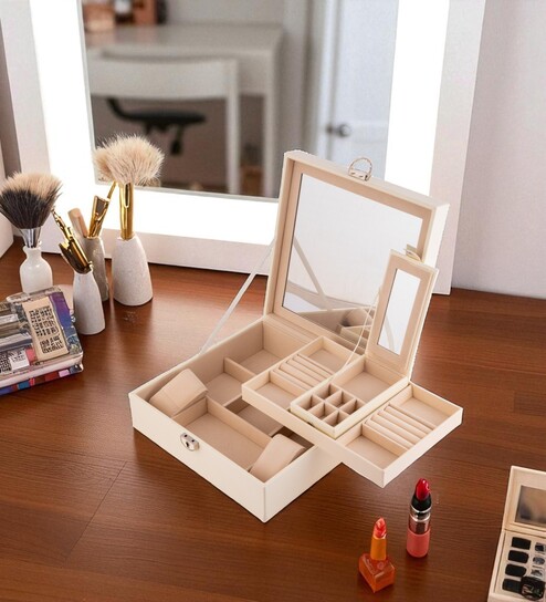 (1Pc) White Faux Leather Mirror Lock & Multiple Compartments Jewellery Organizer