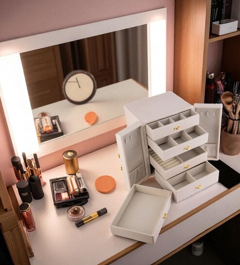 (1Pc) White Faux Leather Swing Doors & 5 Drawers with Lock Jewellery Organizer