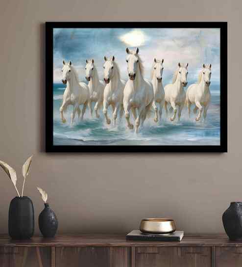 (1Pc) White Fibre Running Horses Wall Art