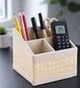 (1Pc) Off-White Faux Leather 3 Compartments Office Tabletop Storage Box