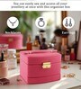 (1Pc) Red Faux Leather Mirror Multiple Compartments with Lock Jewellery Organizer