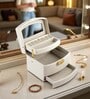 (1Pc) White Faux Leather Mirror Multiple Compartments with Lock Jewellery Organizer