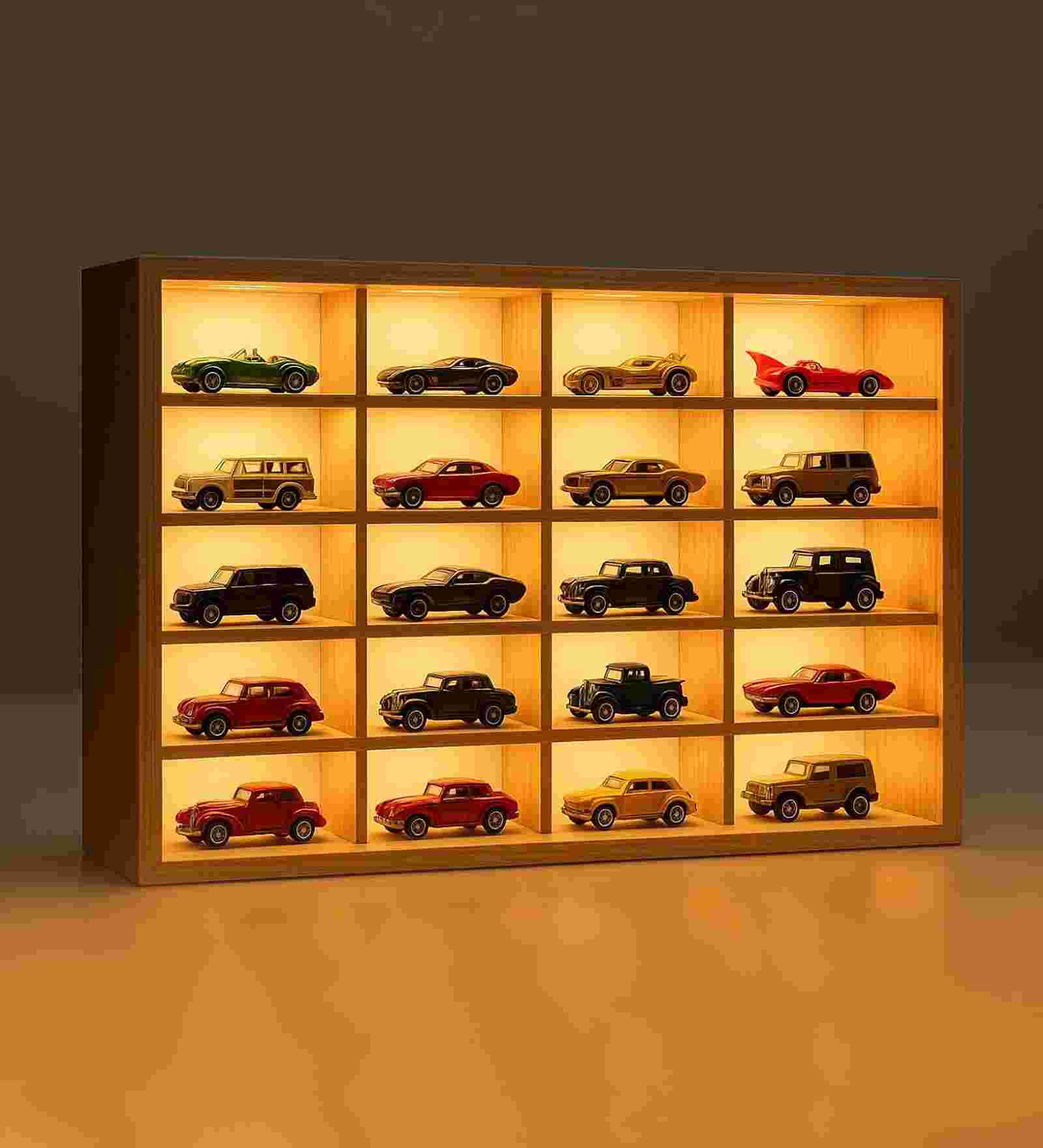 (20 Car Display) Brown Wooden Light Up Diecast Cast Organizer