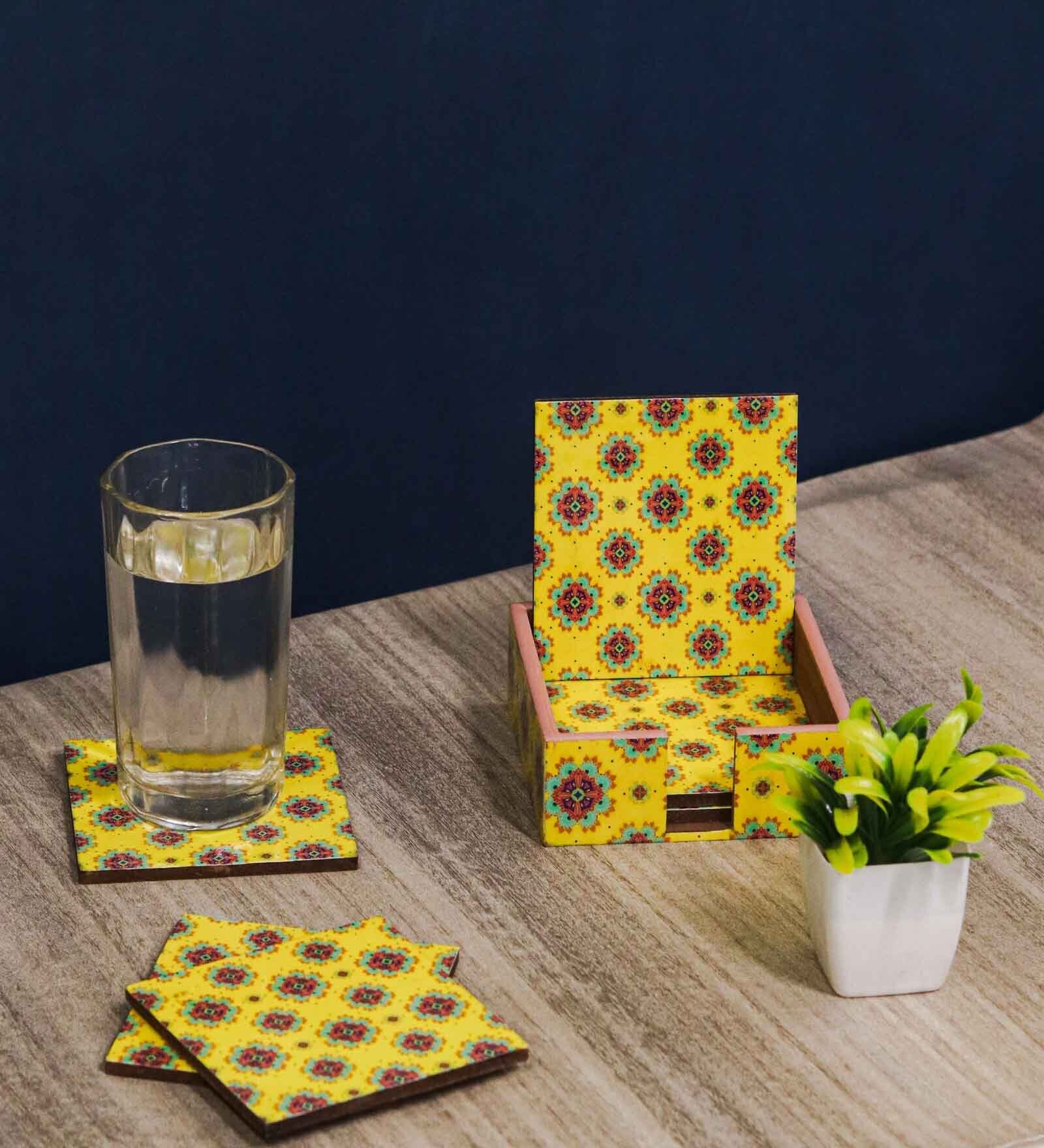 Artisanal Craftsmanship Yellow MDF (Set of 6) Coasters