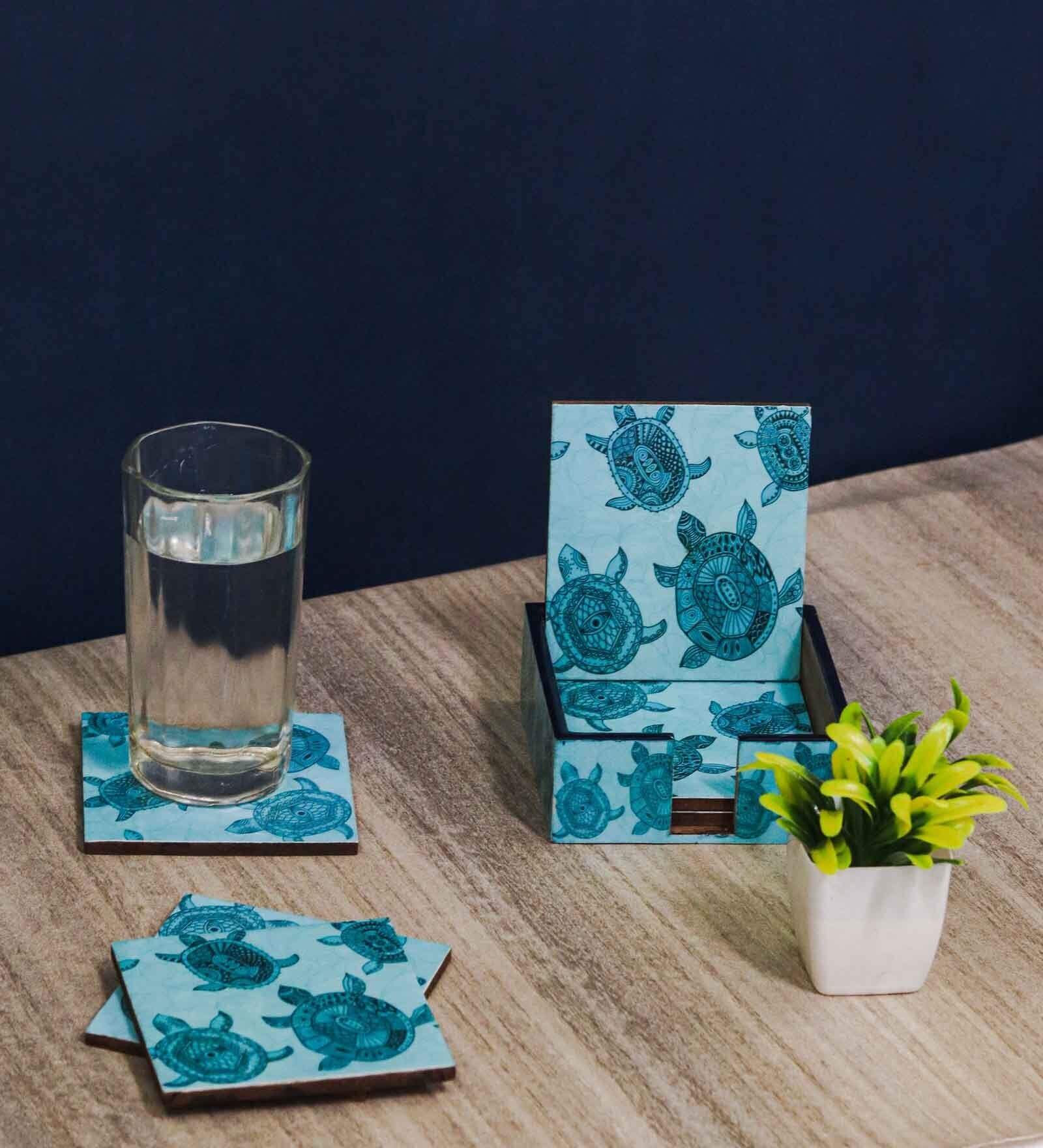 Artisanal Craftsmanship Blue MDF Turtle (Set of 6) Coasters