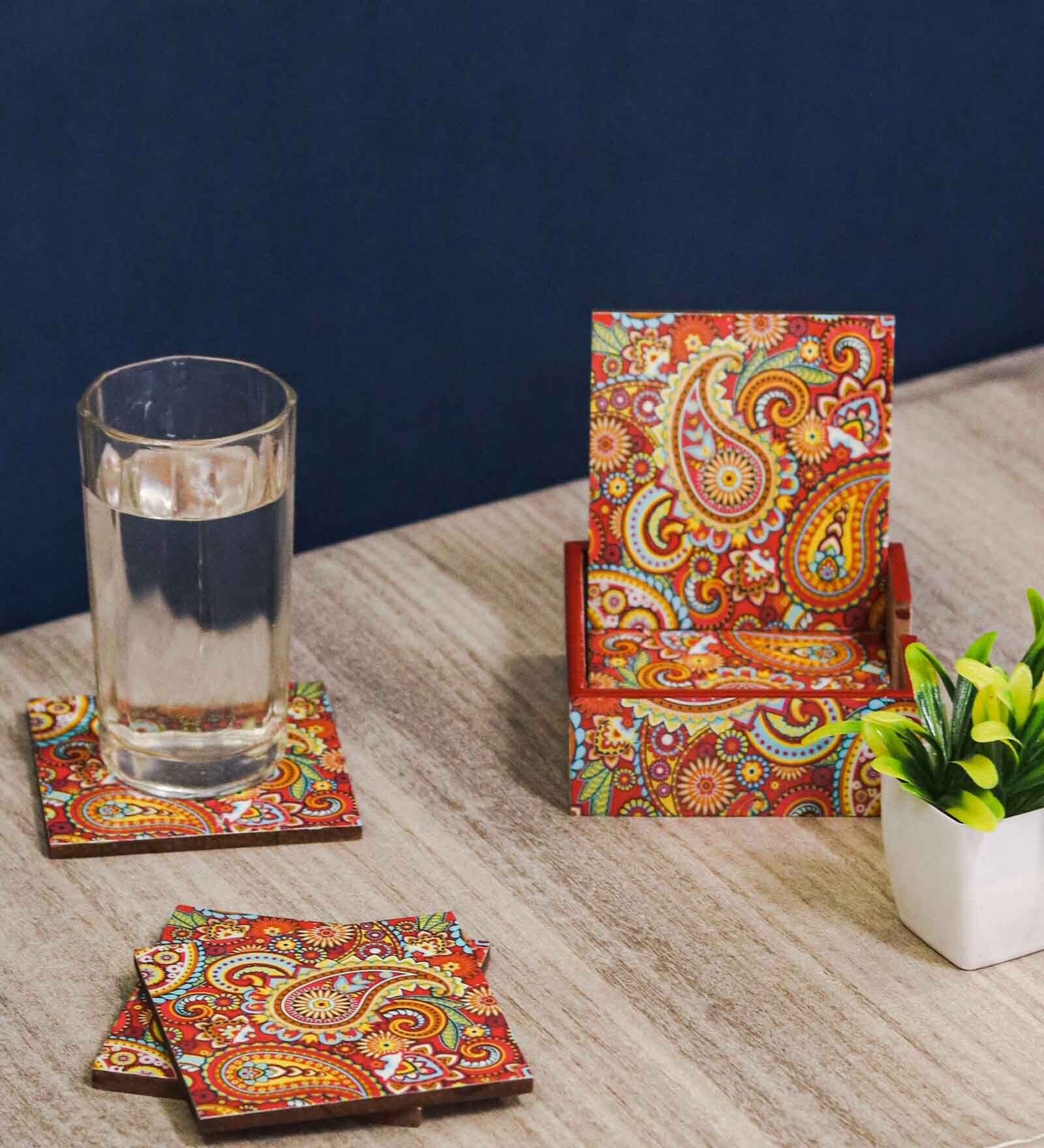 Artisanal Craftsmanship Orange Multicolour MDF Paisley (Set of 6) Coasters