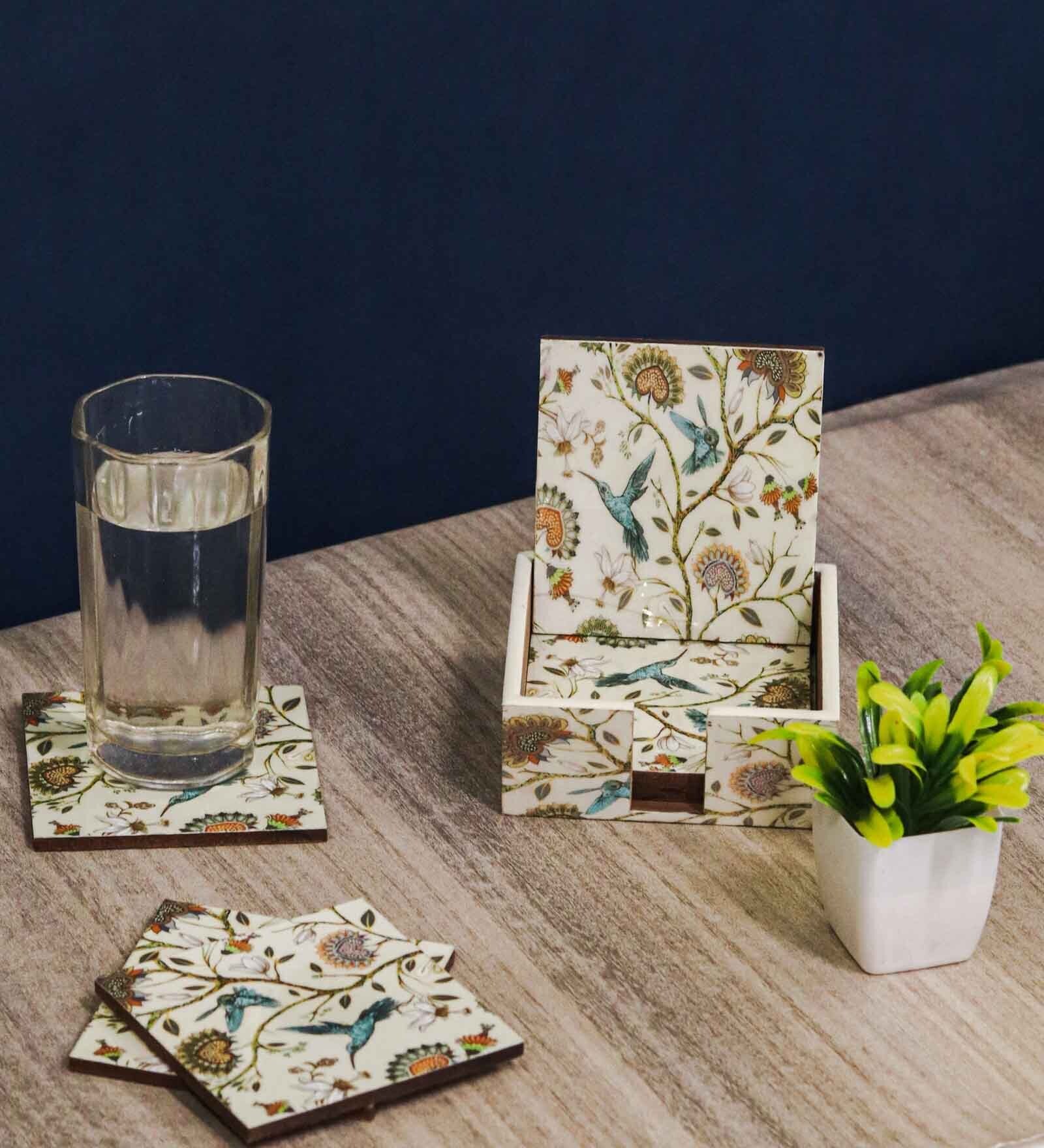 (Set of 6) Artisanal Craftsmanship Beige MDF Coasters