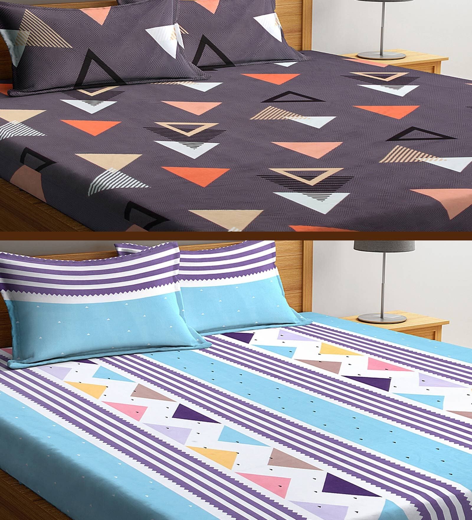 Multicolor 300 TC Poly Cotton 2 Double Bedsheets with 4 Pillow Covers