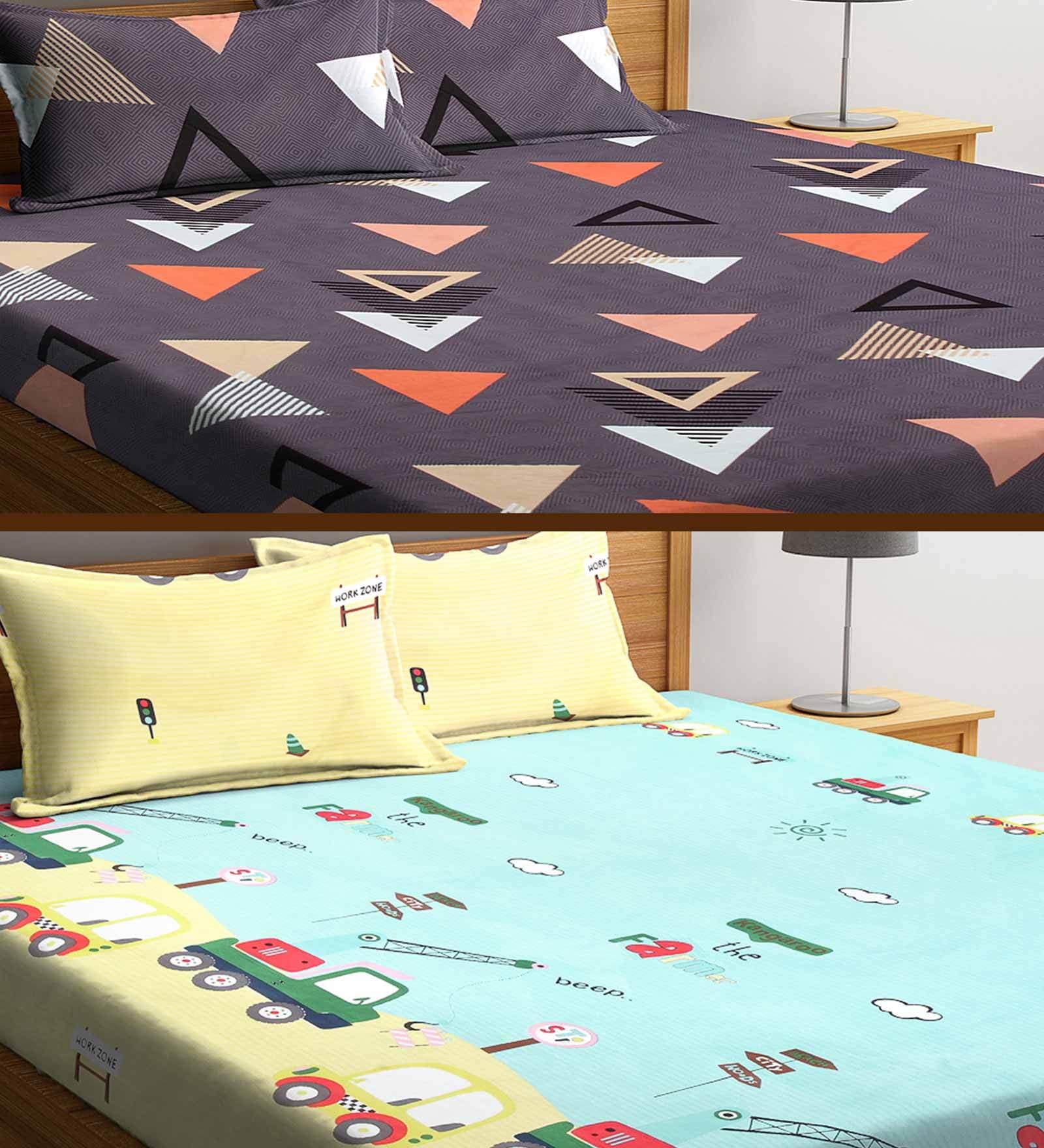 Multicolor 300 TC Poly Cotton 2 Double Bedsheets with 4 Pillow Covers