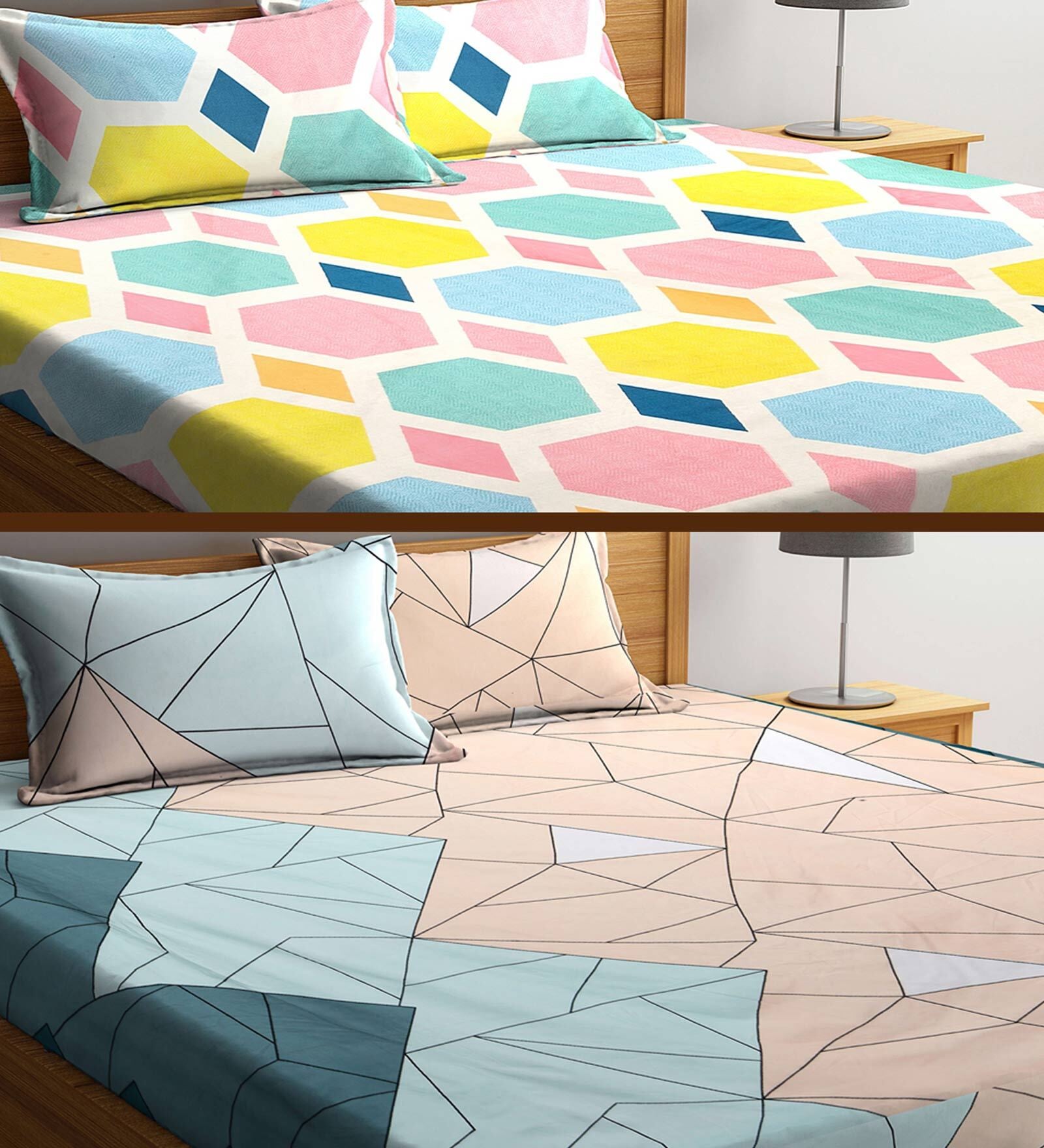 Multicolor 300 TC Poly Cotton 2 Double Bedsheets with 4 Pillow Covers