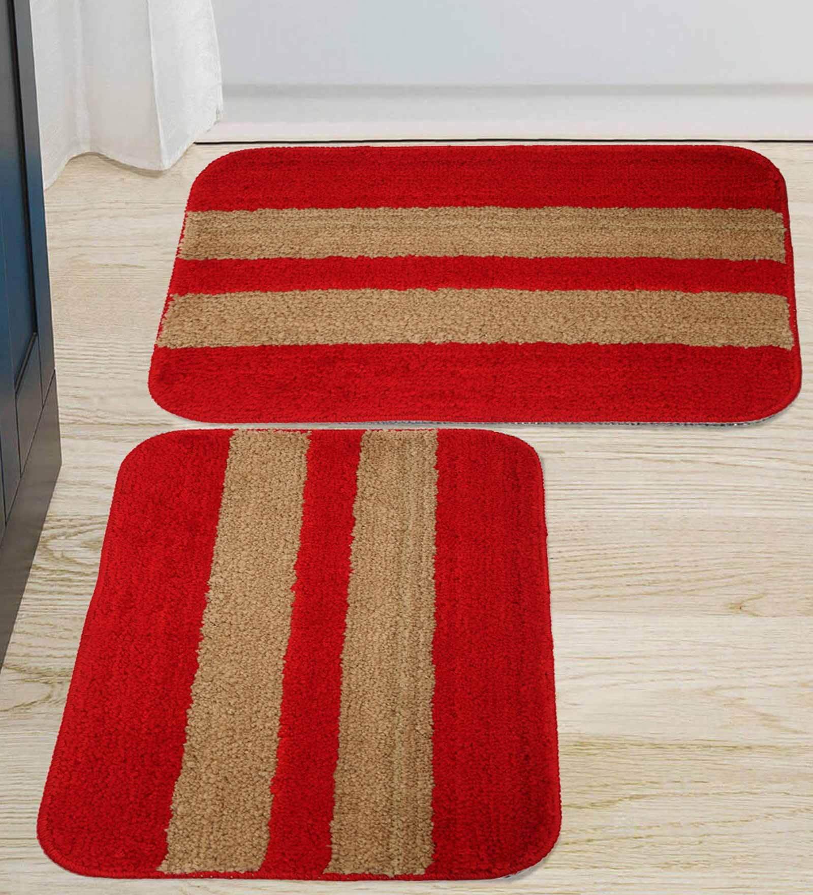 Red Geometric Polyester 16x24 Inches AntiSkid Bath Mats