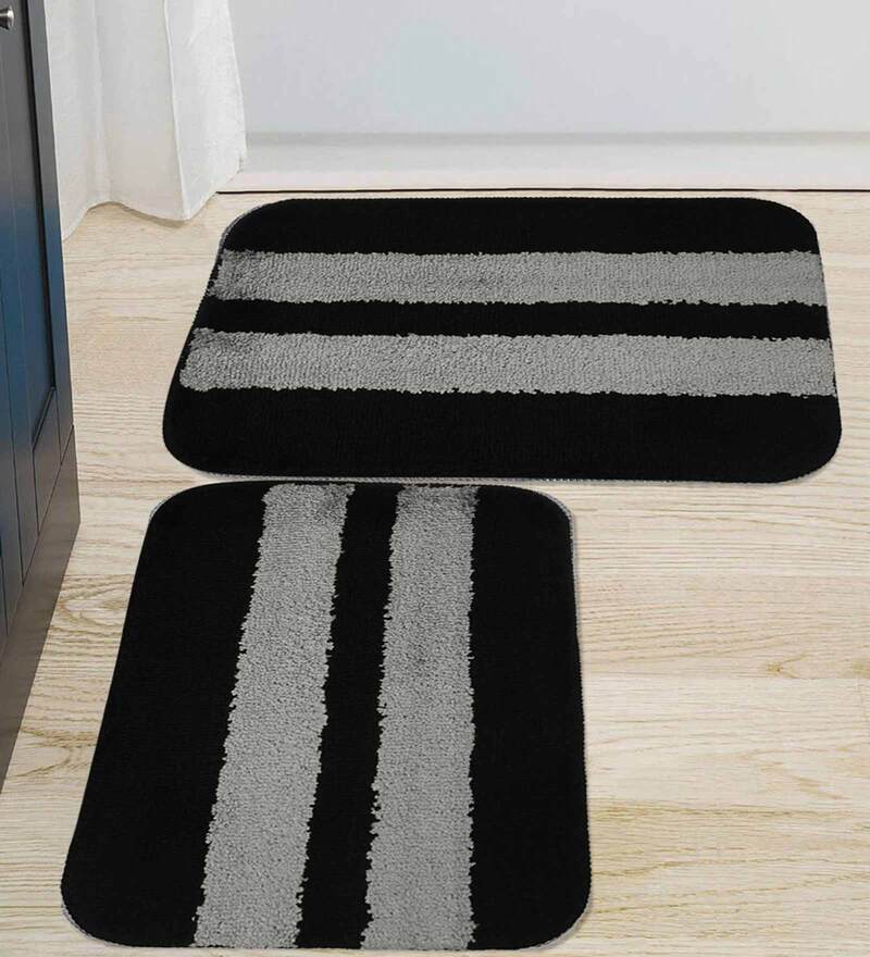 Buy Black Geometric Polyester 16x24 Inches AntiSkid Bath Mats By Hosta