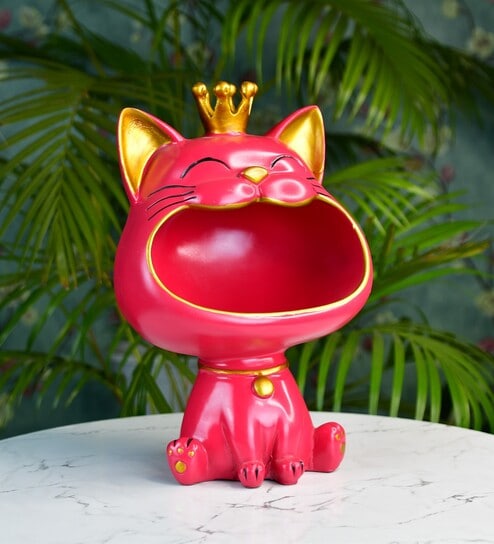 Pink Resin Lucky Cat Big Mouth Statue Cum Table Organiser