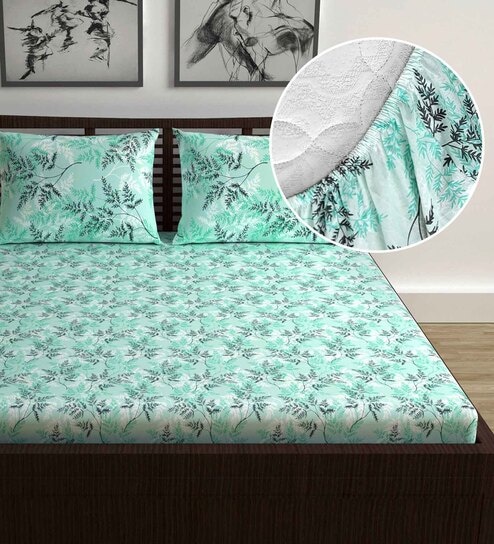 Blue Floral Fitted Queen Double Bedsheet with 2 Pillow covers