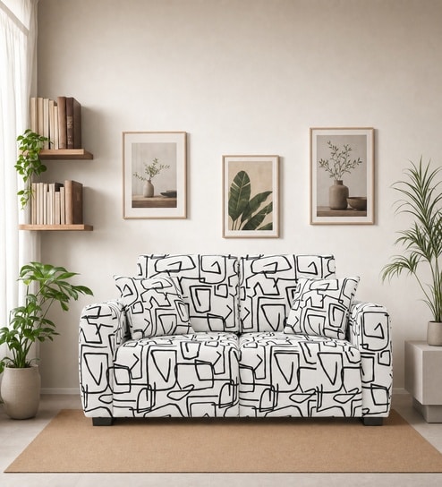  Orion Abstract Linear 2 Seater Upholstered Sofa In White And Black Colour