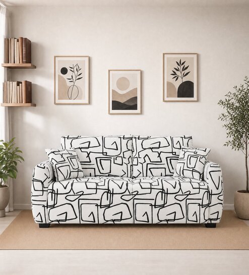  Orion Abstract Linear 3 Seater Upholstered Sofa In White And  Black Colour
