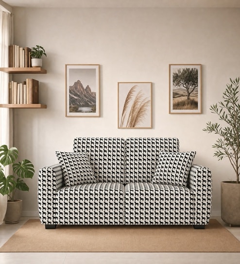 Orion Classic Houndstooth 2 Seater Upholstered Sofa In White And Black Colour