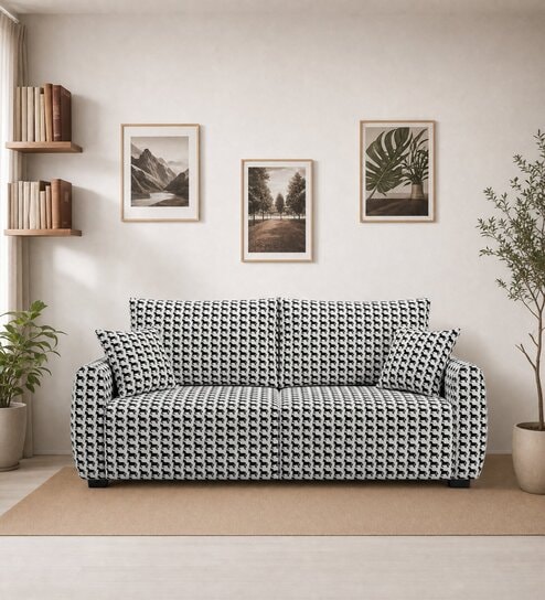  Orion Classic Houndstooth 3 Seater Upholstered Sofa In White And Black Colour