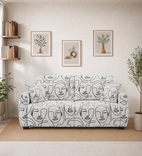  Orion Modern Muse 3 Seater Premium Polyester Upholstered Sofa In White And Black Colour