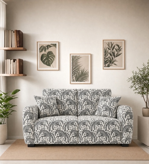  Orion Safari Sketch 2 Seater  Upholstered Sofa In White And Black Colour