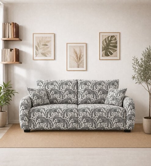  Orion Safari Sketch 3 Seater  Upholstered Sofa In White And Black Colour