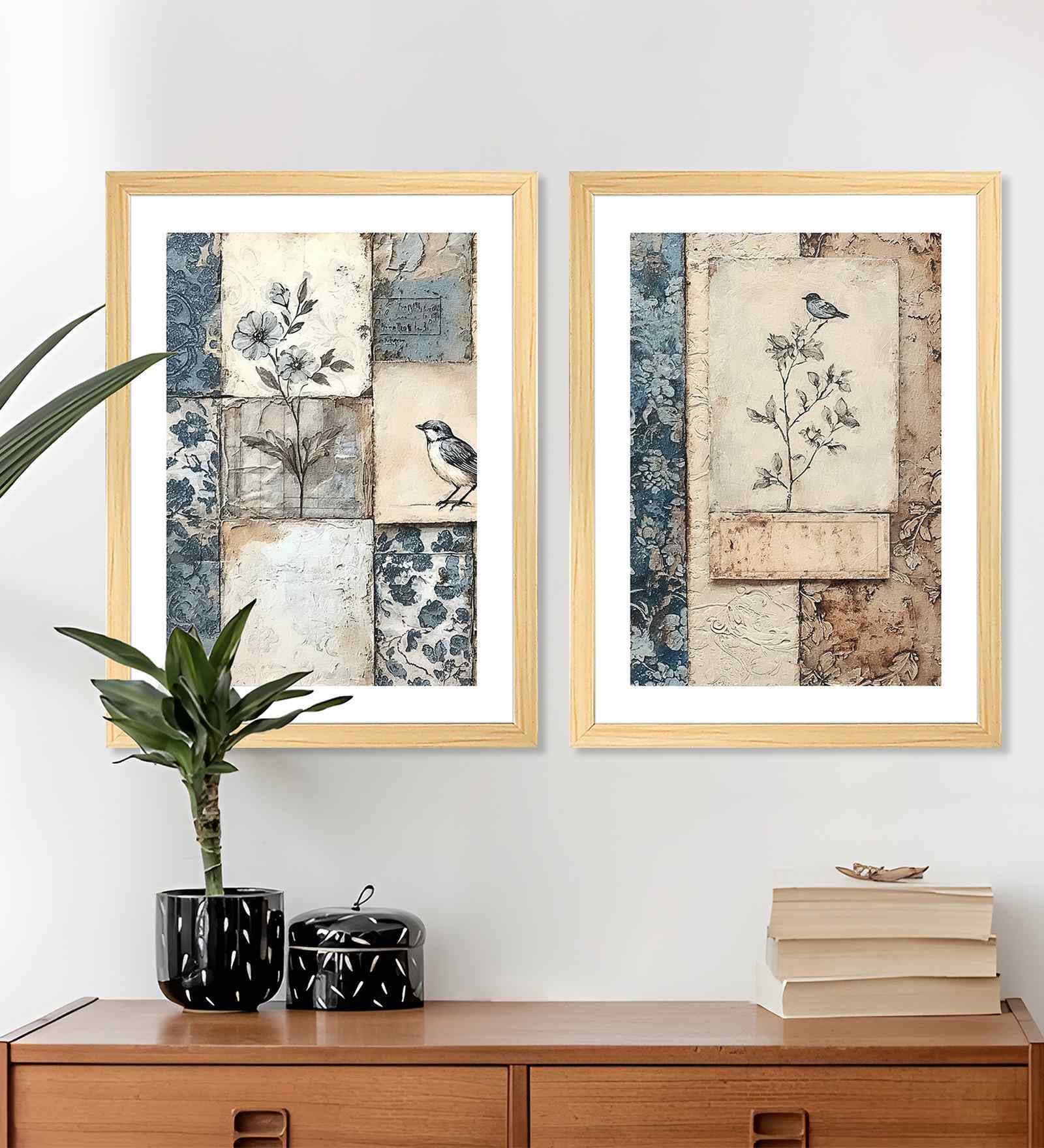 (Pack Of 2) Beige Fibre Vintage Illustration Wall Art Panels
