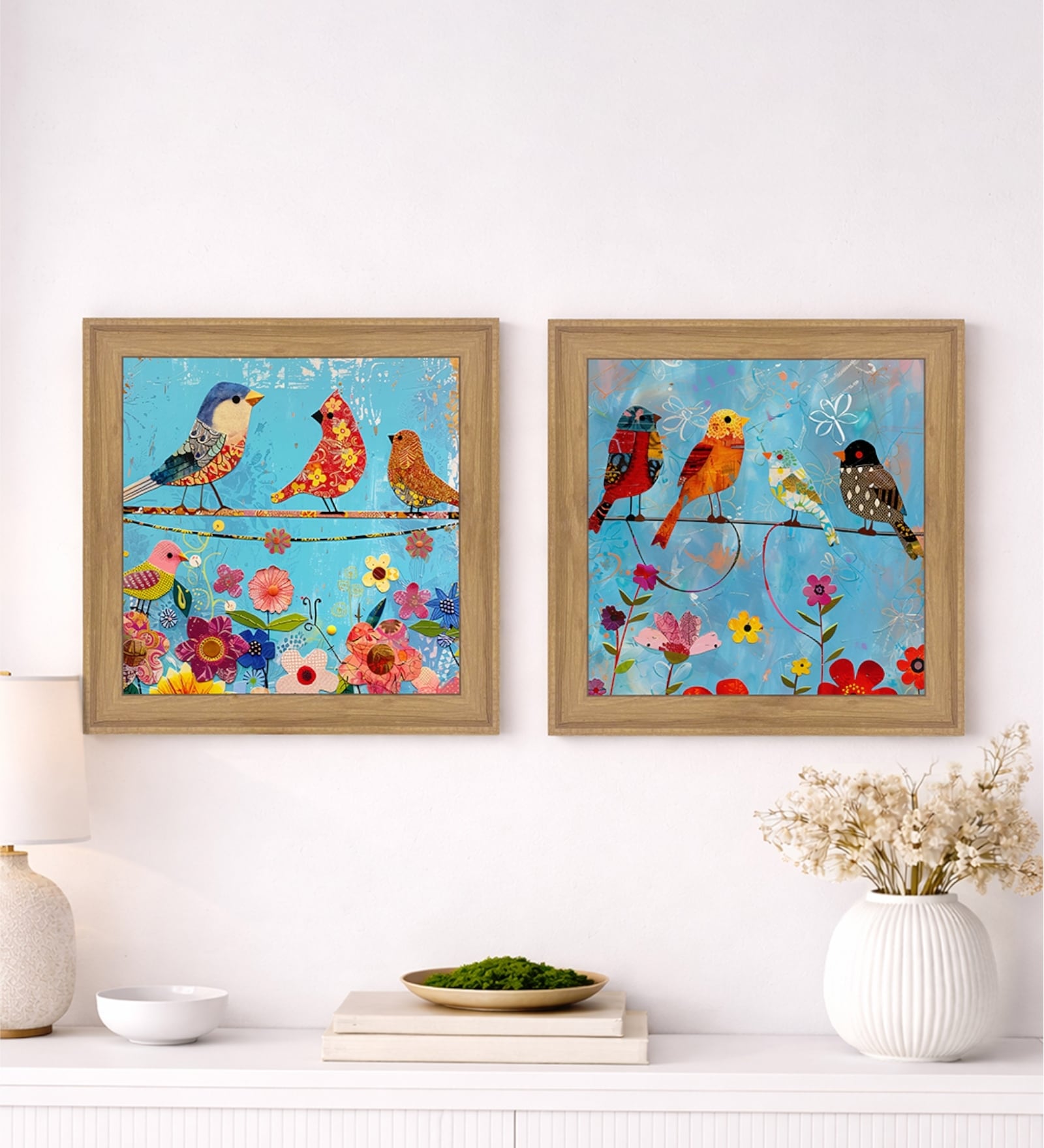 (Pack Of 2) Blue Fibre Colorful Floral Wall Art Panels