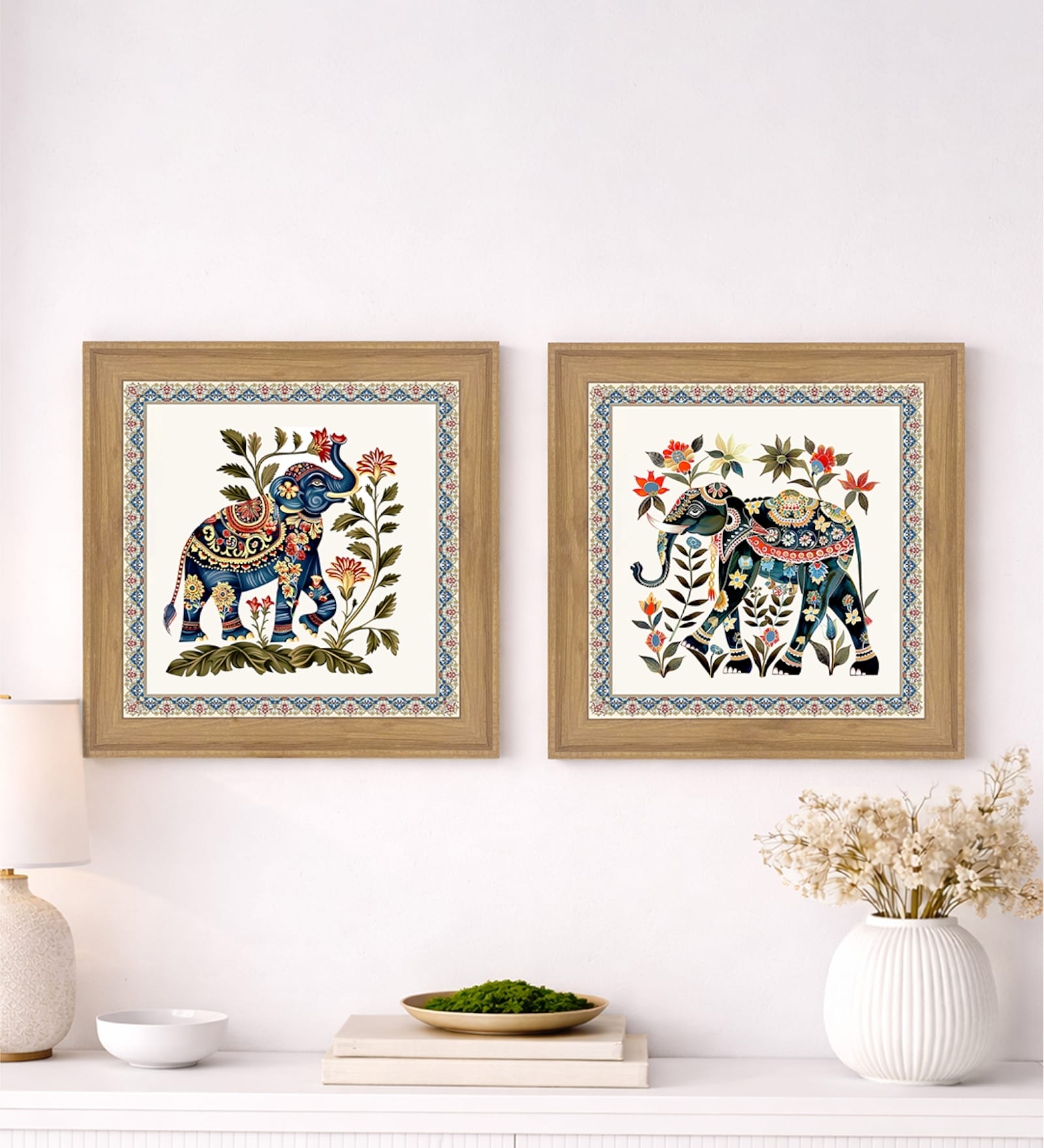 (Pack Of 2) Blue Fibre Floral Elephant Wall Art Panels