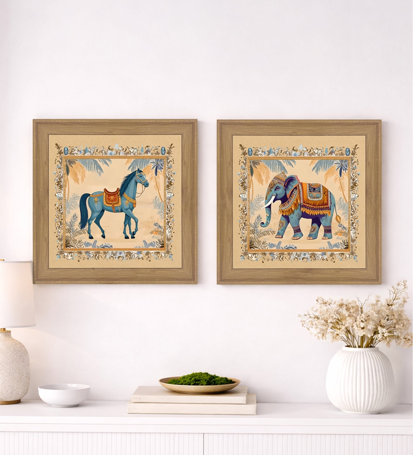 (Pack Of 2) Blue Fibre Mughal Floral Wall Art Panels