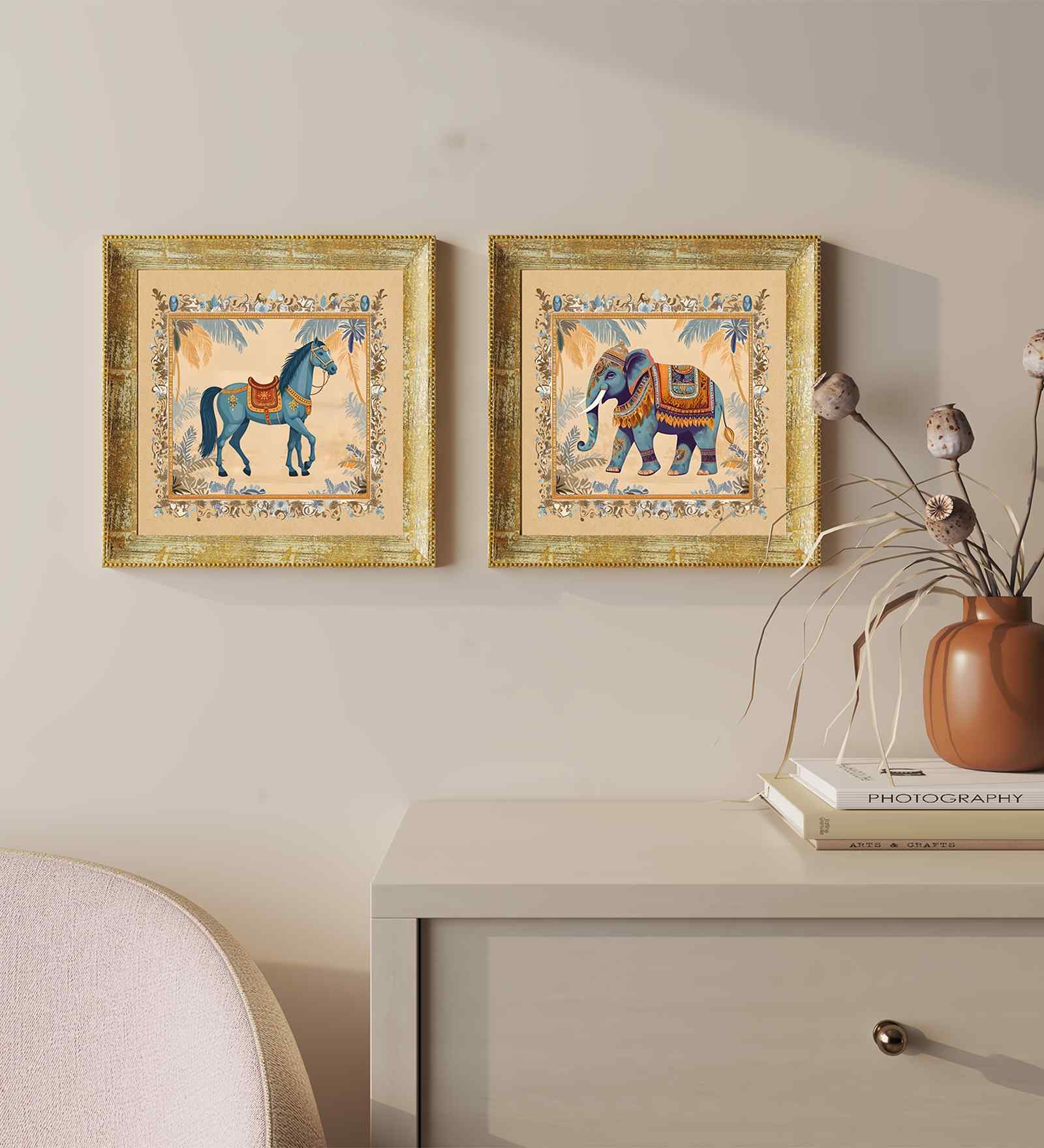 (Pack Of 2) Blue Fibre Mughal Floral Wall Art Panels