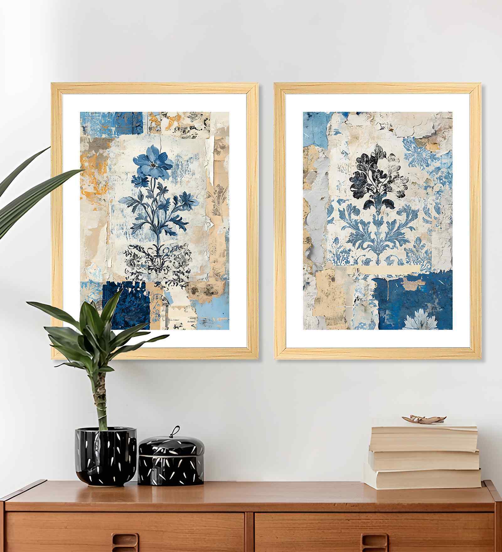 (Pack Of 2) Blue Fibre Watercolor Flower Wall Art Panels