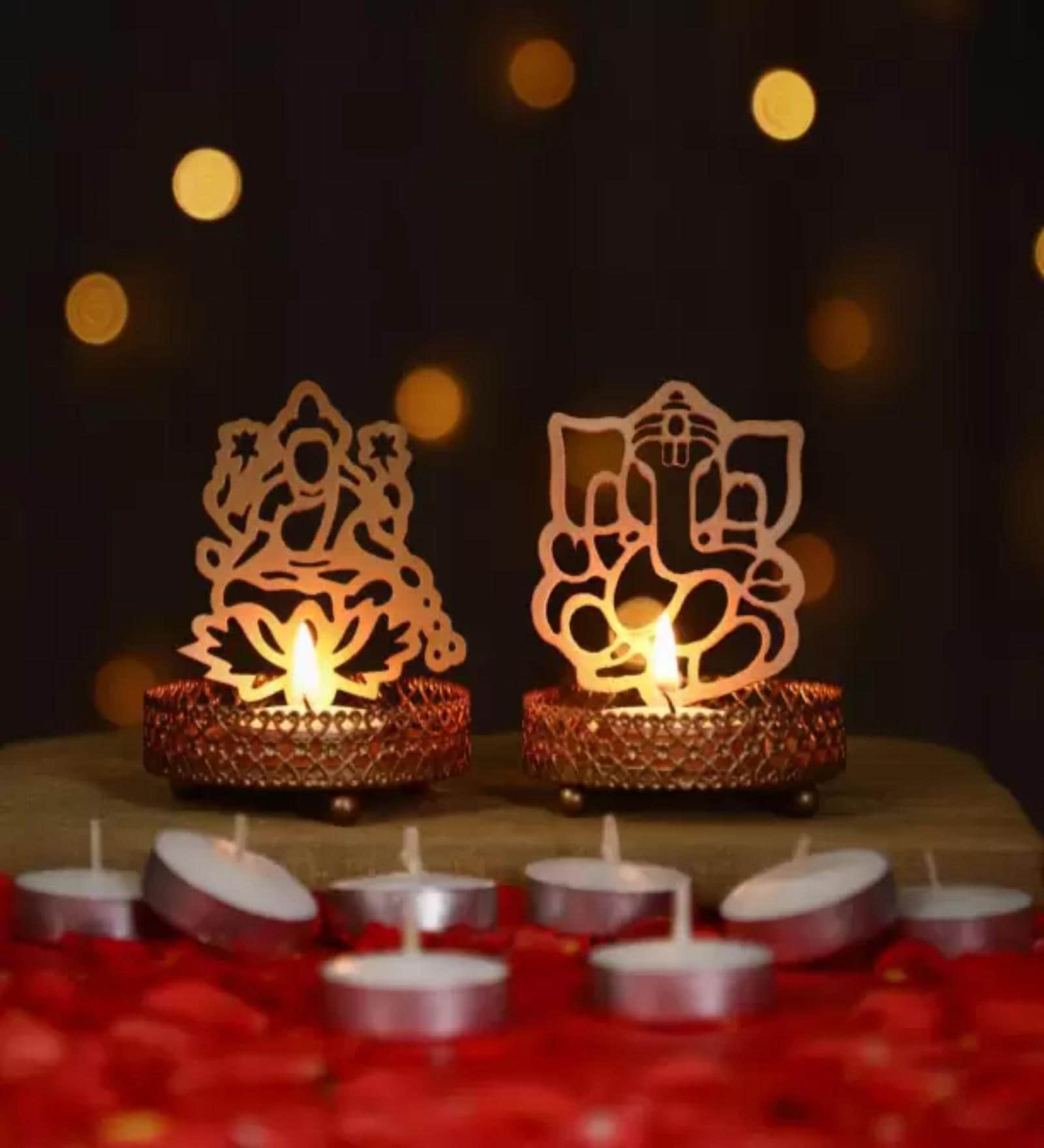 (Pack of 2) Ganesha & Lakshmi Iron T-Light Holder (Gold)