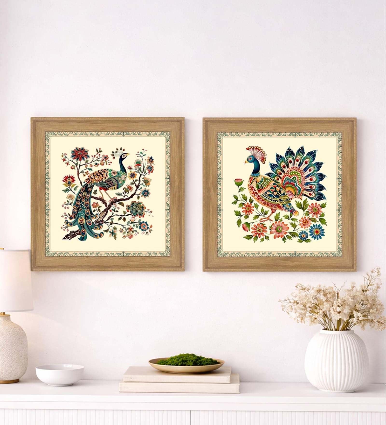 (Pack Of 2) Multicolour Fibre Madhubani Floral Wall Art Panels