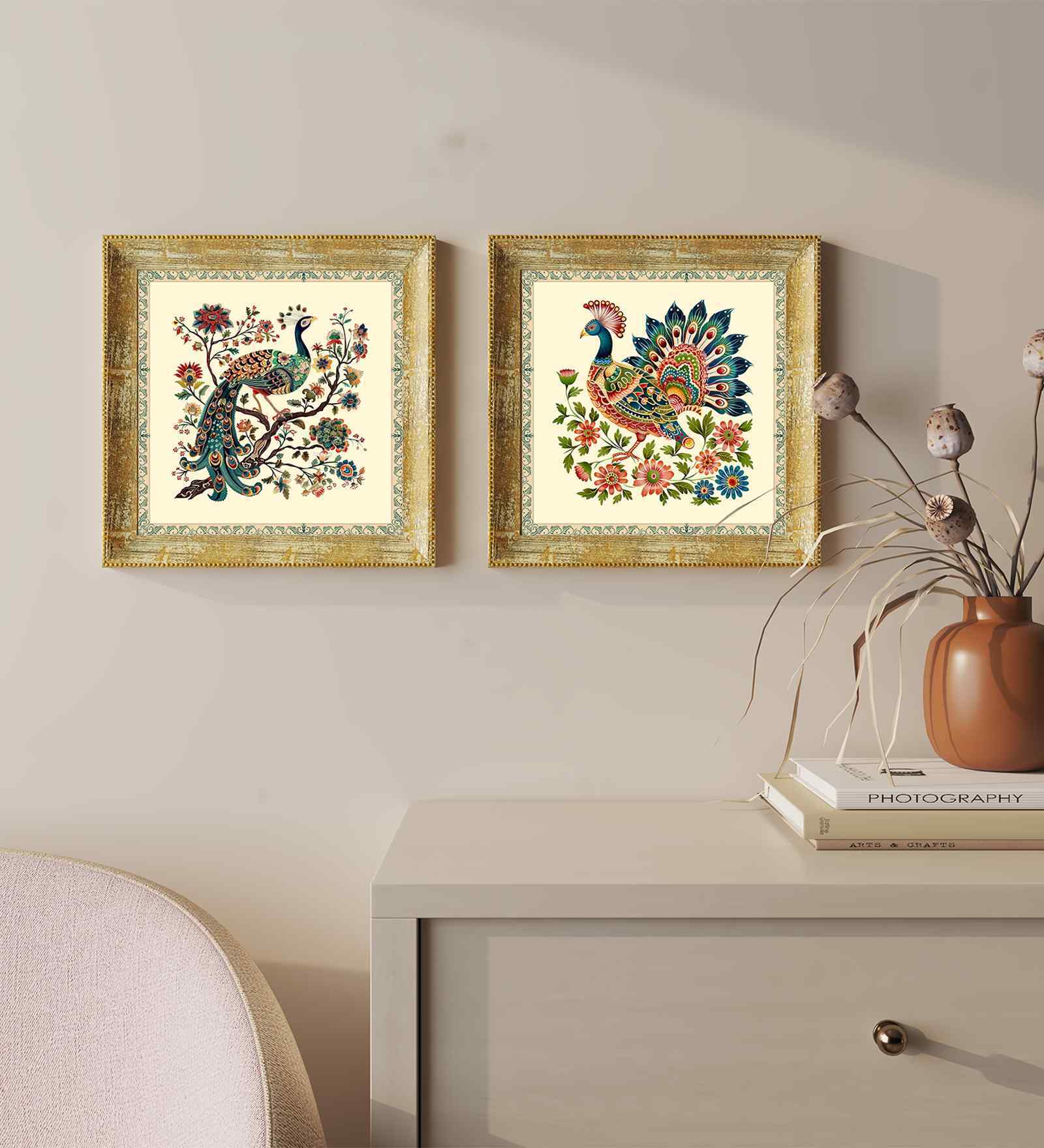 (Pack Of 2) Multicolour Fibre Madhubani Floral Wall Art Panels