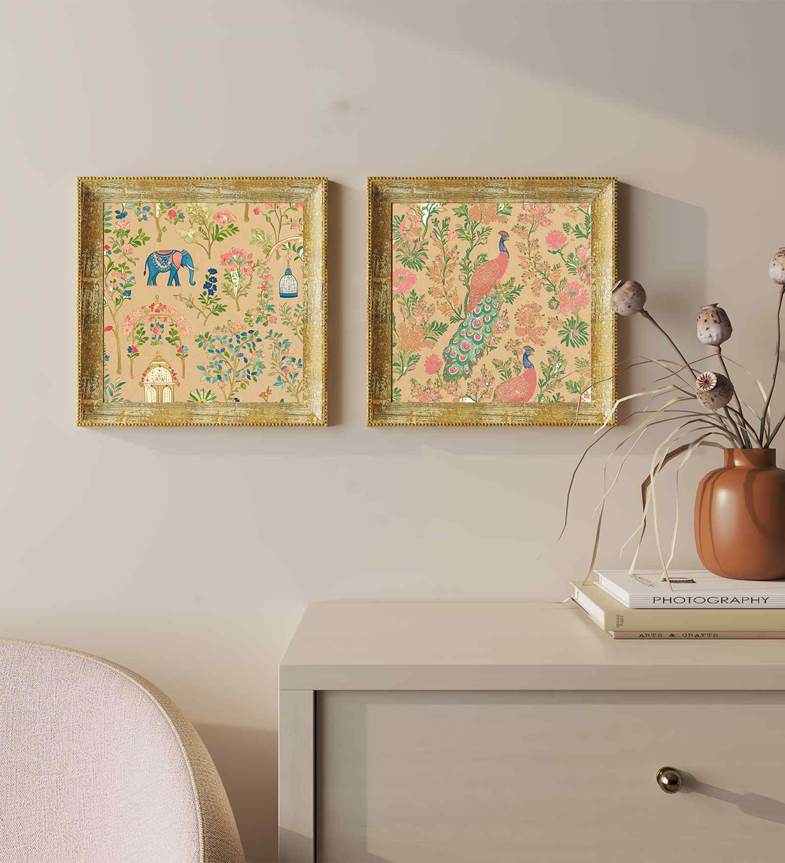 (Pack Of 2) Pink Fibre Mughal Floral Wall Art Panels