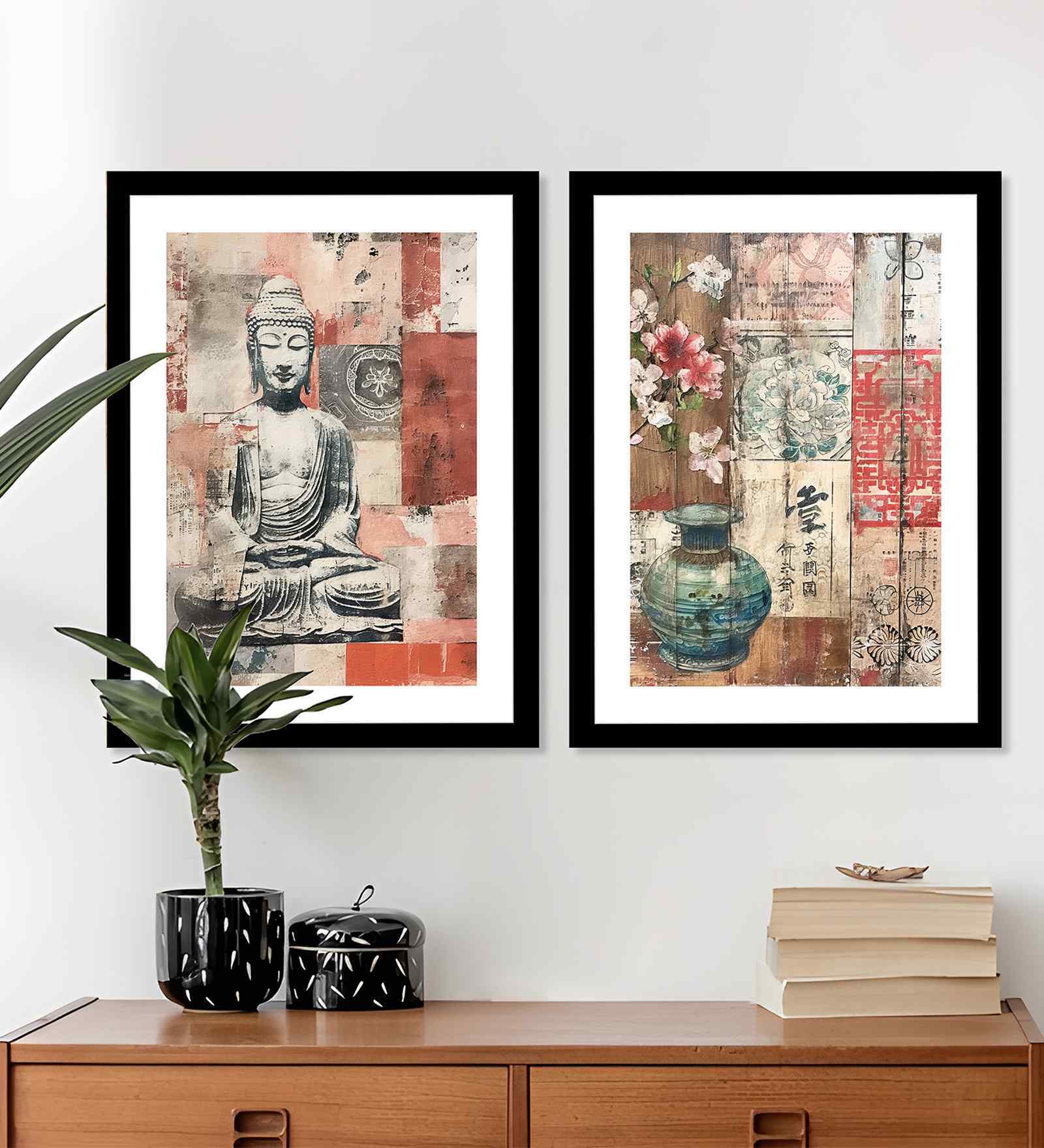 (Pack Of 2) Red Fibre Vintage Japanese Wall Art Panels