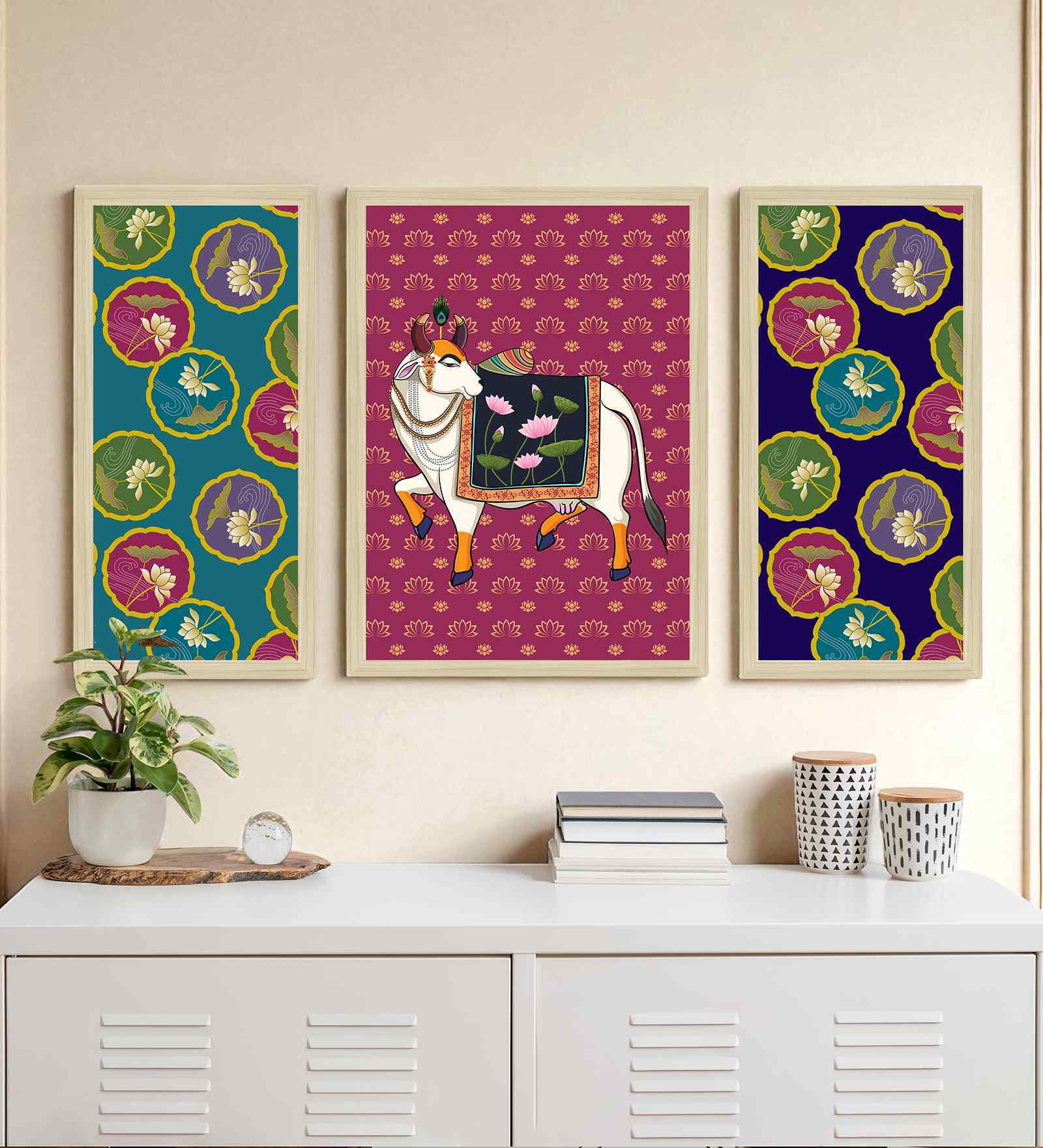 (Pack Of 3) Multicolour Fibre Pichwai Floral Wall Art Panels