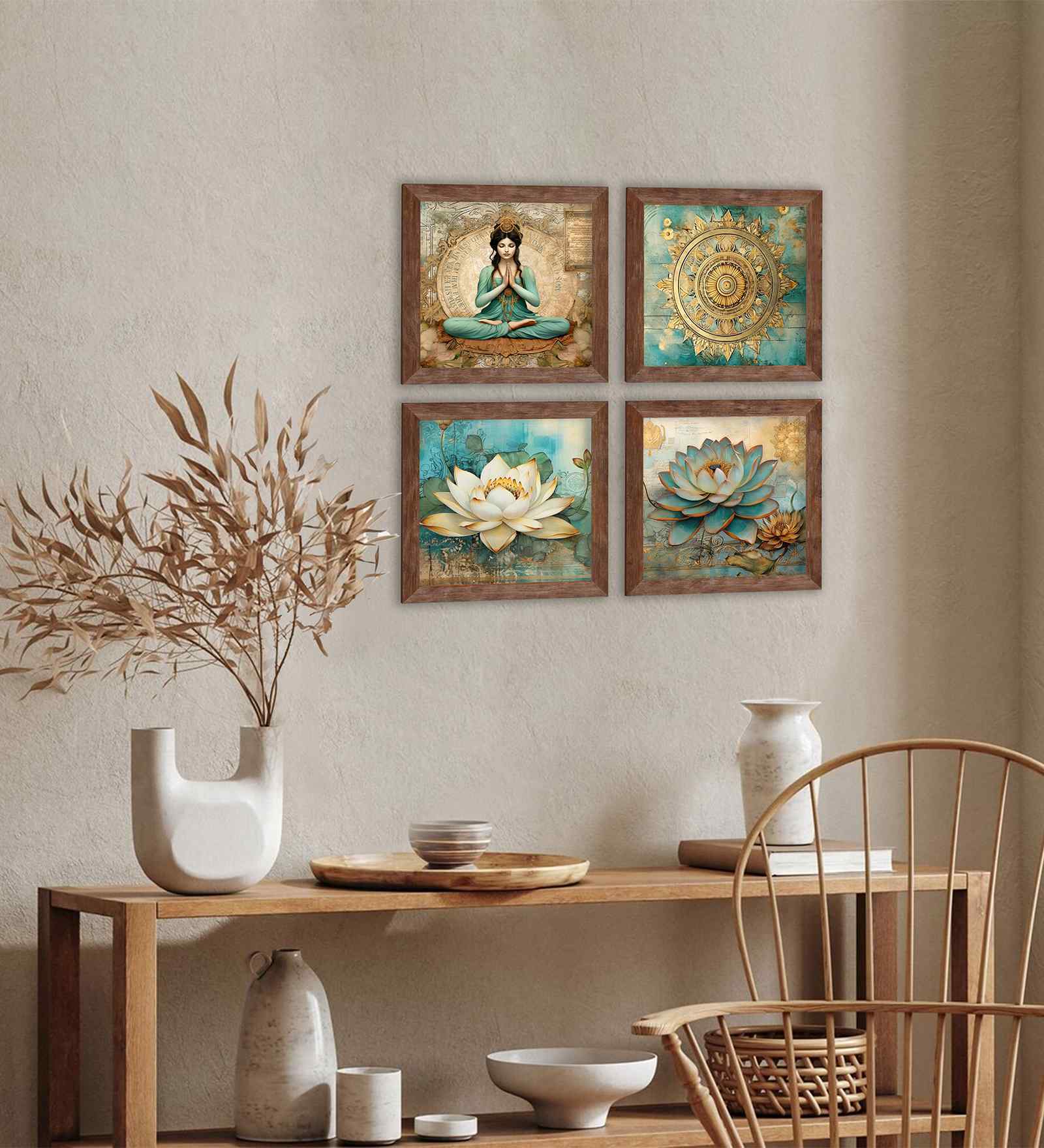 (Pack Of 4) Gold Fibre Lotus Floral Wall Art Panels