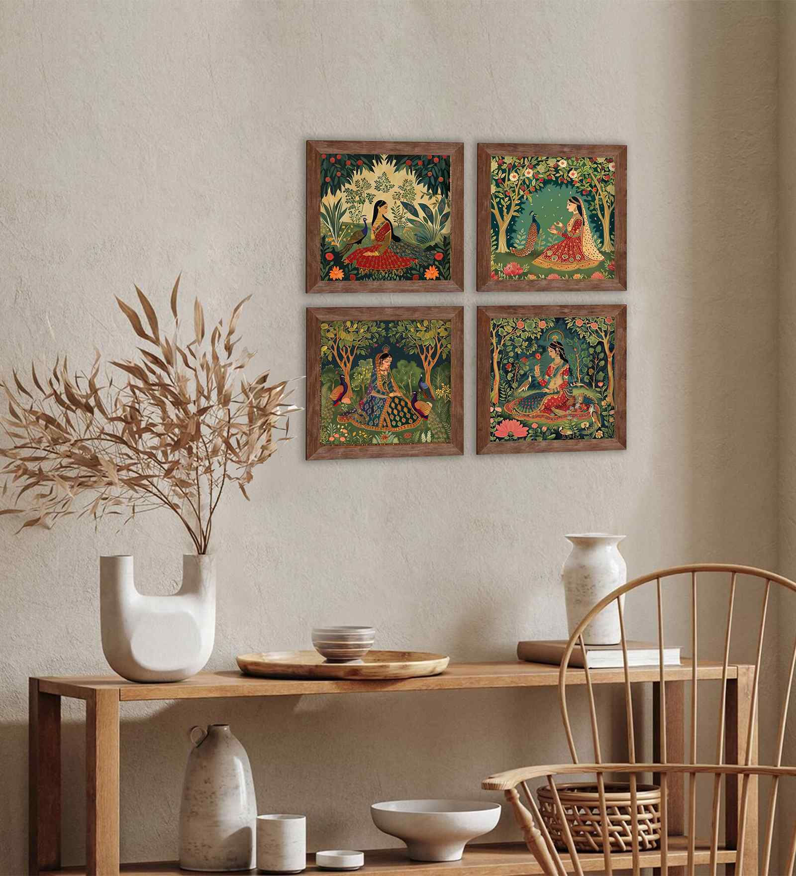 (Pack Of 4) Green Fibre Madhubani Decorative Wall Art Panels