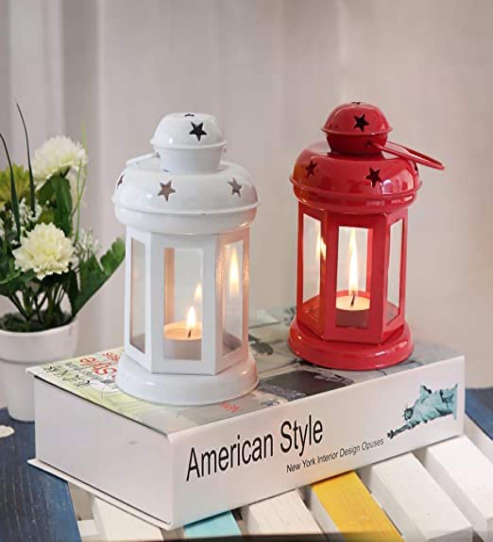 (Pack of 2) Lantern Iron Hanging T- Light Holder (Red & White)
