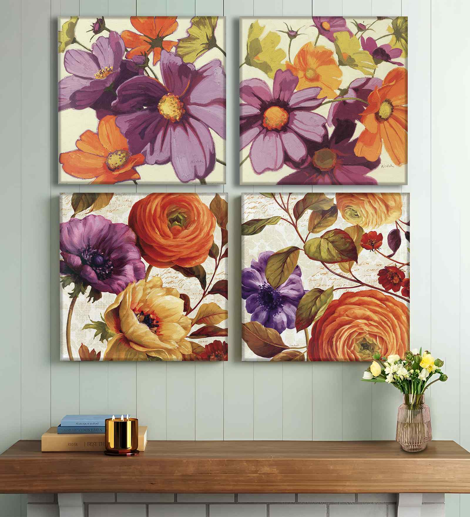 (Pack Of 4) Multicolour Canvas Floral Painting Wall Art Panels