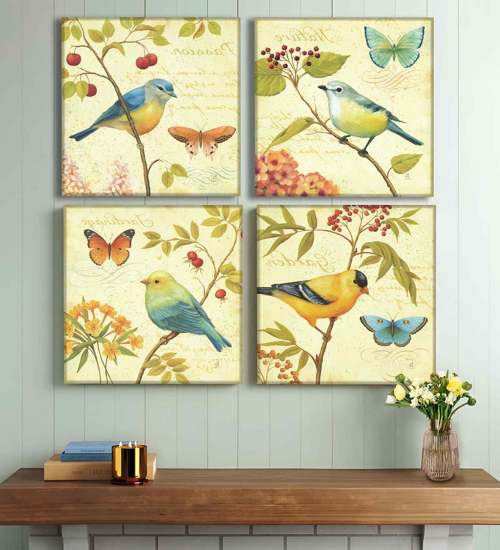 (Pack Of 4) Multicolour Canvas Uniqe Bird Wall Art Panels