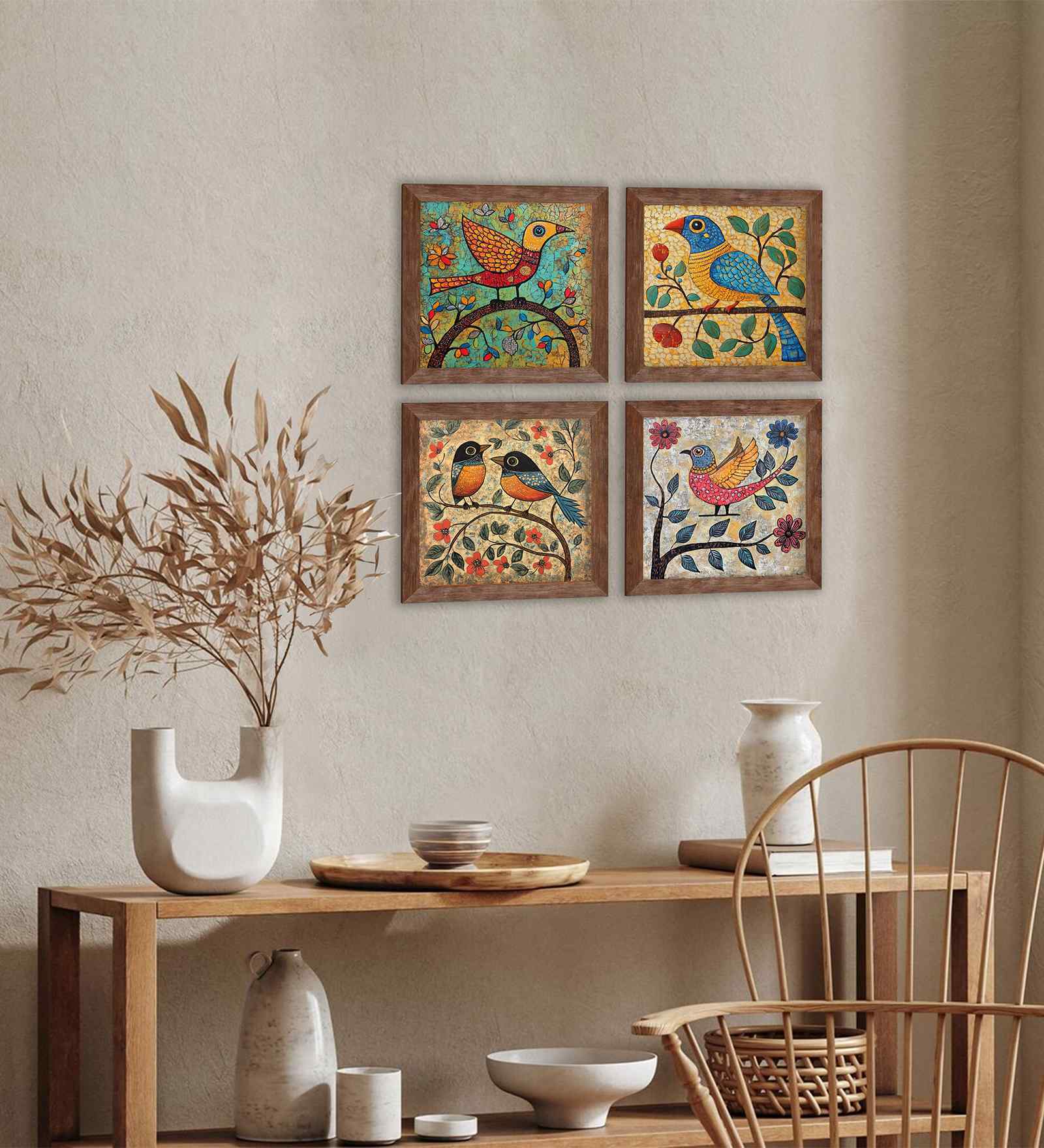 (Pack Of 4) Multicolour Fibre Colorful Birds Wall Art Panels