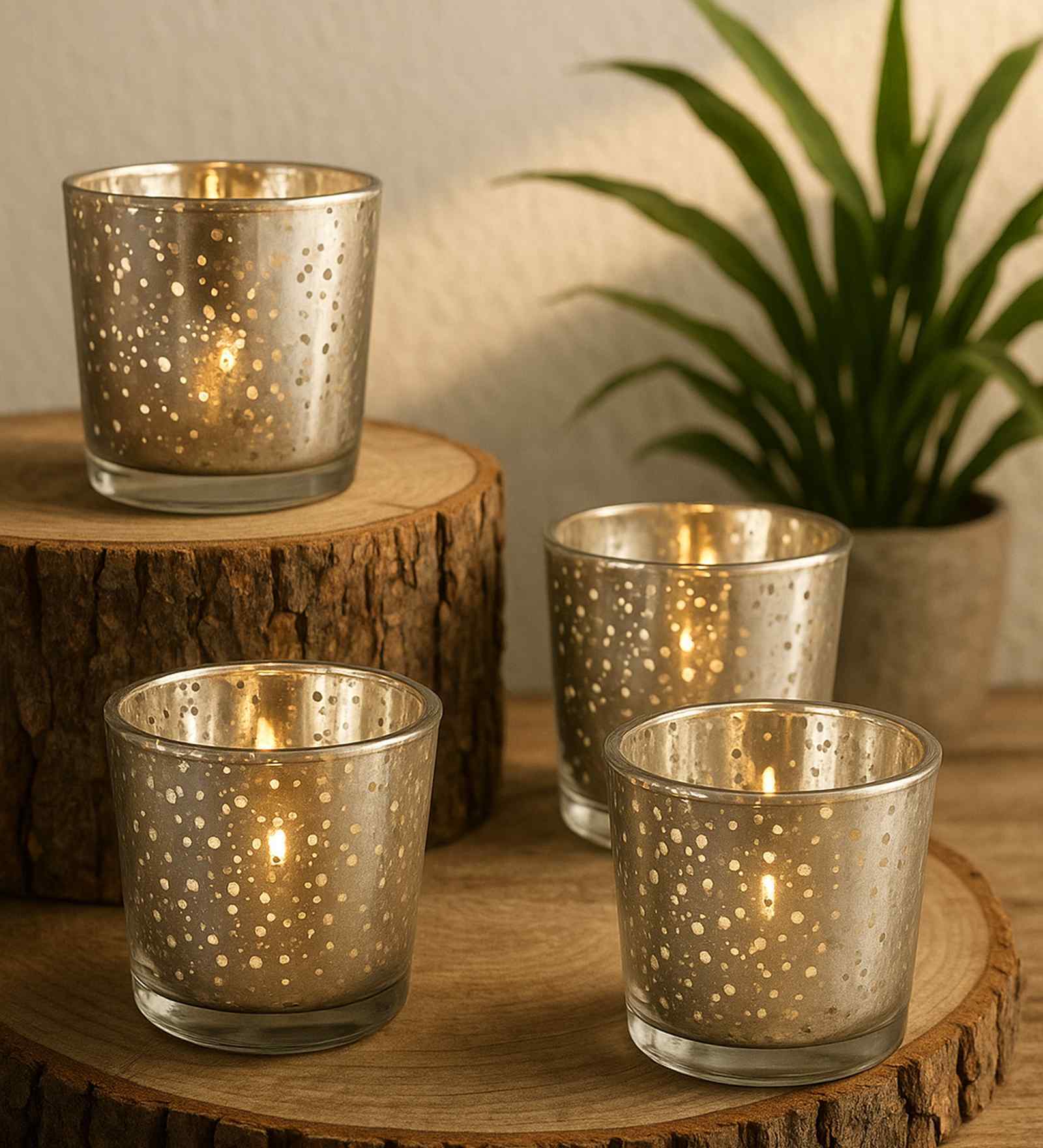 (Pack Of 6) Silver Glass Table Tealight Holder Witn Votive