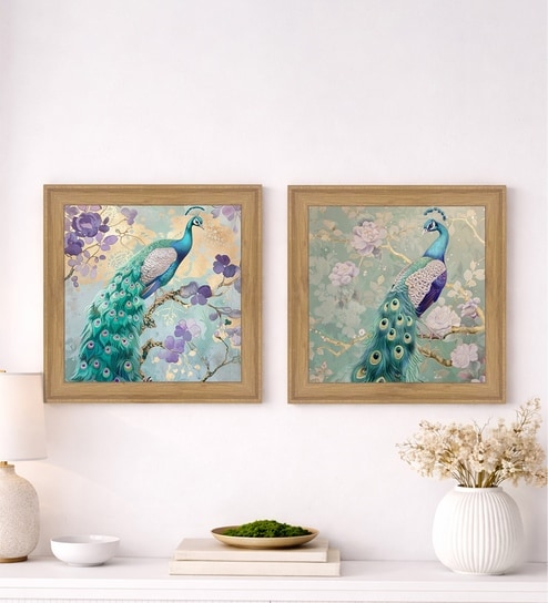 (Pack Of 2) Blue Fibre Beautiful Peacock Wall Art Panels