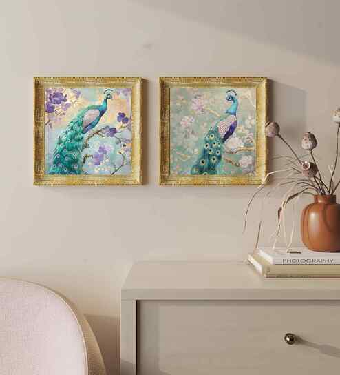 (Pack Of 2) Blue Fibre Beautiful Peacock Wall Art Panels