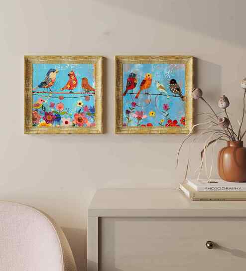 (Pack Of 2) Blue Fibre Colorful Floral Wall Art Panels