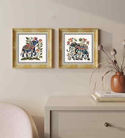 (Pack Of 2) Blue Fibre Floral Elephant Wall Art Panels